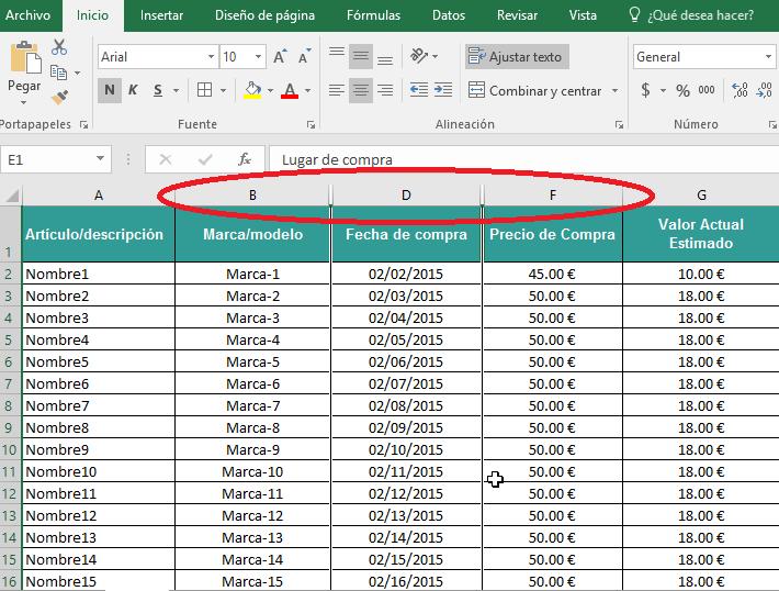 Faltan letras de columnas ocultas en el encabezado en cómo ocultar y mostrar columnas en Excel 2016