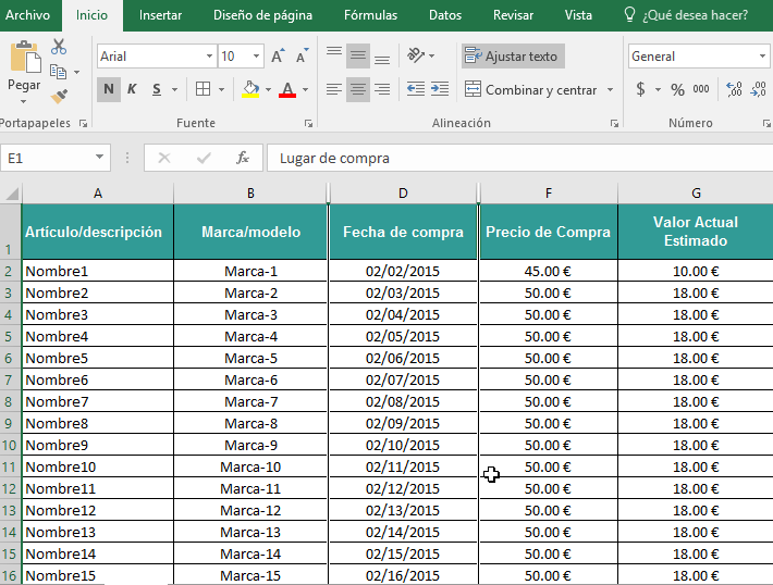 Muestra de columnas ya ocultas en cómo ocultar y mostrar columnas en Excel 2016