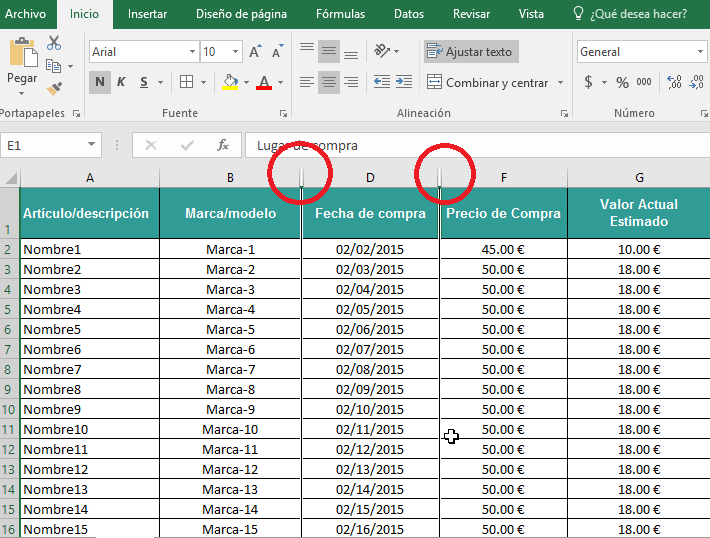 Doble barra entre columnas en cómo ocultar y mostrar columnas en Excel 2016