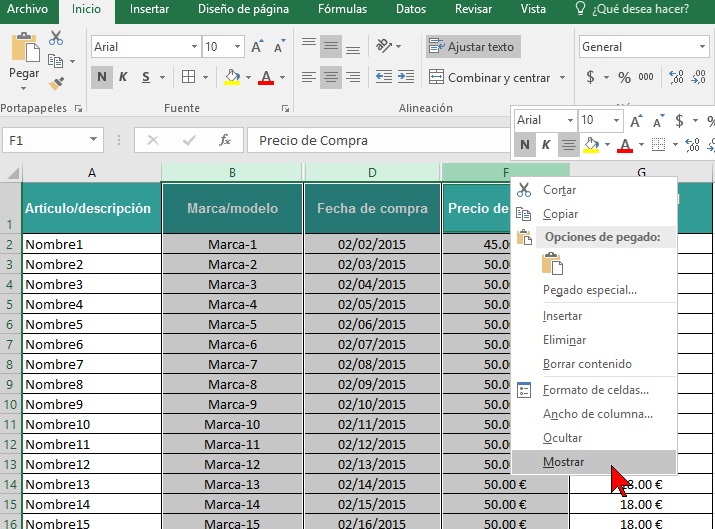 Opción Mostrar en cómo ocultar y mostrar columnas en Excel 2016