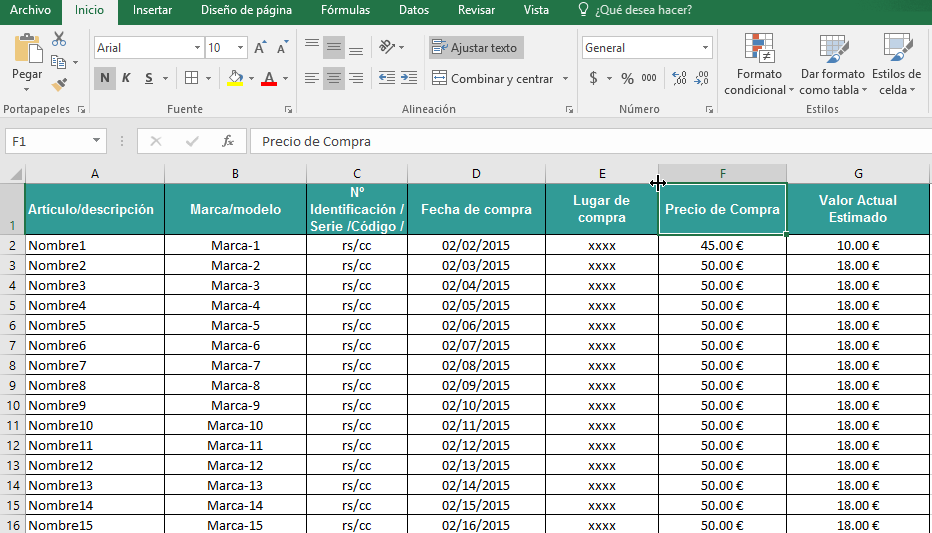 Columnas debidamente mostradas en cómo ocultar y mostrar columnas en Excel 2016
