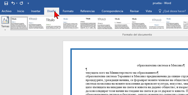 Pestaña Diseño en cómo ponerle un borde a una página de Word 2016
