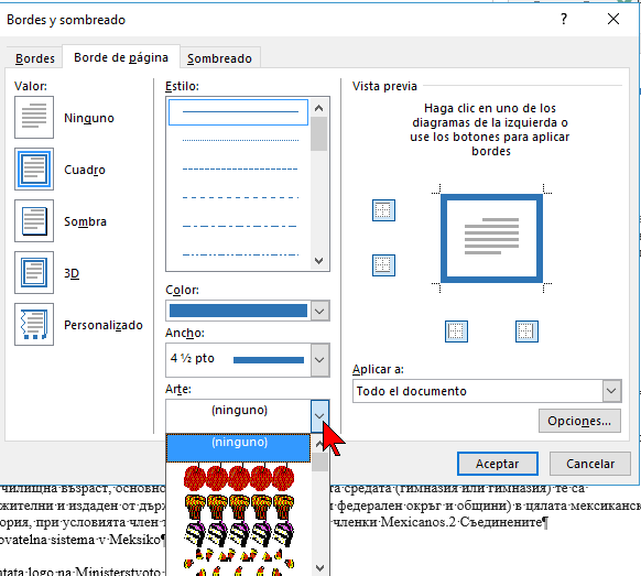 Opciones de Arte en cómo ponerle un borde a una página de Word 2016