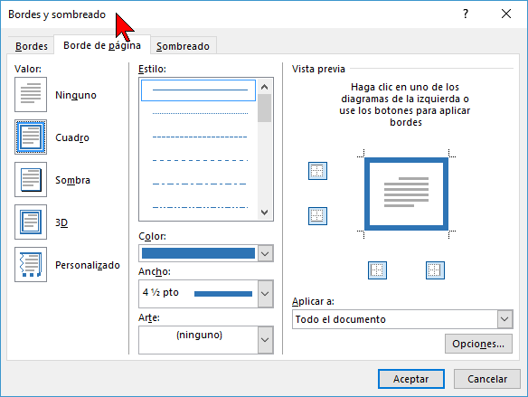 Ventana Bordes y sombreado en cómo ponerle un borde a una página de Word 2016