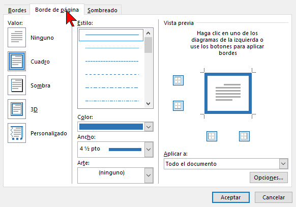 Pestaña Borde de página en cómo ponerle un borde a una página de Word 2016