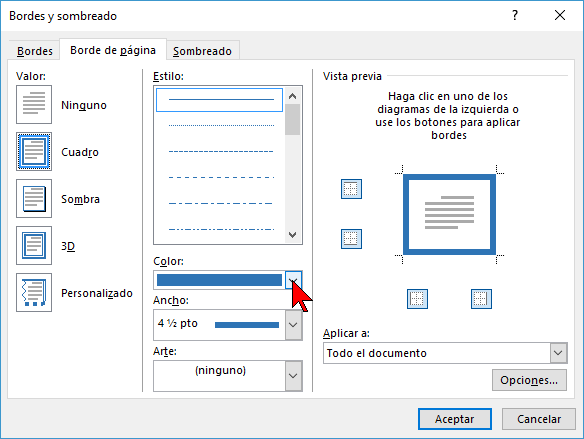 Opciones de color en cómo ponerle un borde a una página de Word 2016