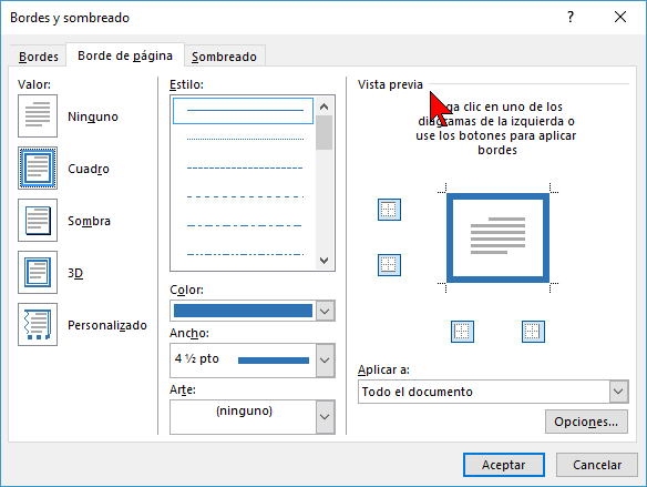 Vista previa en cómo ponerle un borde a una página de Word 2016