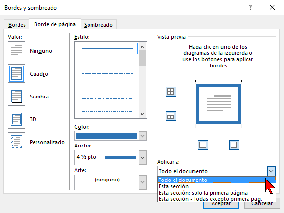 Opciones de Aplicar a en cómo ponerle un borde a una página de Word 2016