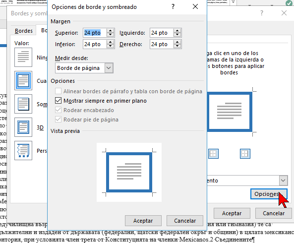 Opciones avanzadas en cómo ponerle un borde a una página de Word 2016