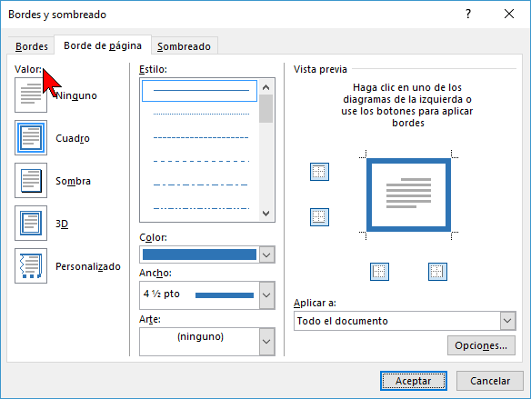 Opciones de Valos en cómo ponerle un borde a una página de Word 2016