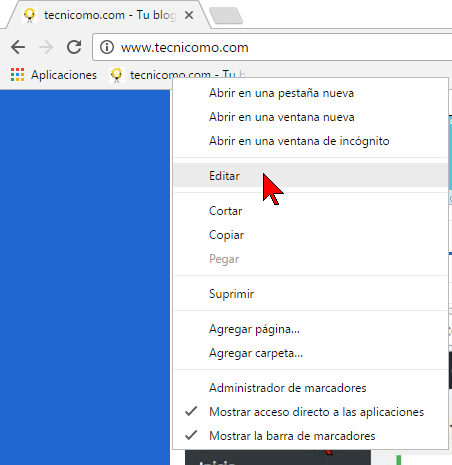 Opción Editar en cómo reiniciar Chrome rápidamente usando un marcador