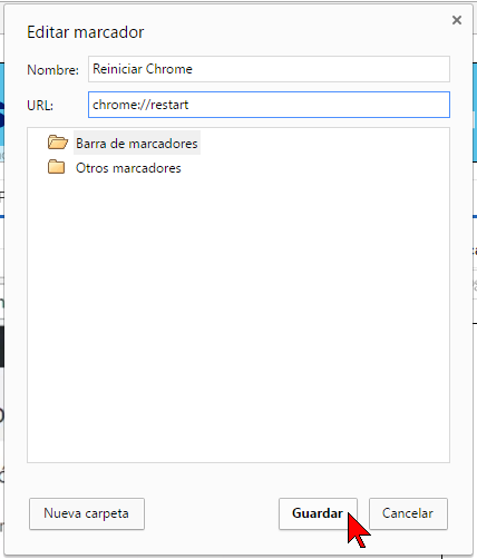 Cambiando el nombre y la URL en cómo reiniciar Chrome rápidamente usando un marcador