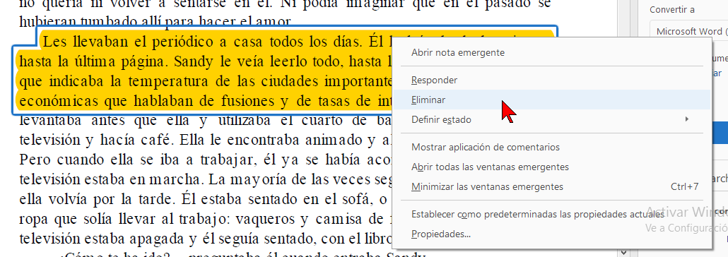 Opción Eliminar en cómo resaltar el texto de un archivo PDF
