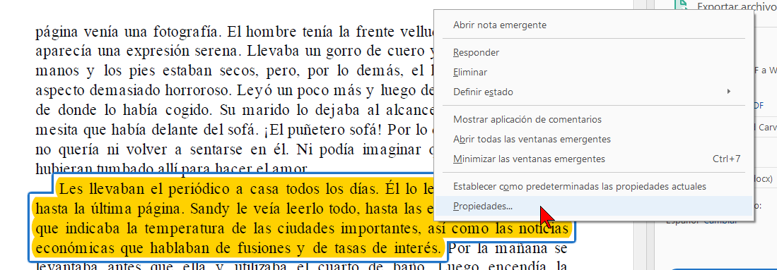 Opción Propiedades en cómo resaltar el texto de un archivo PDF