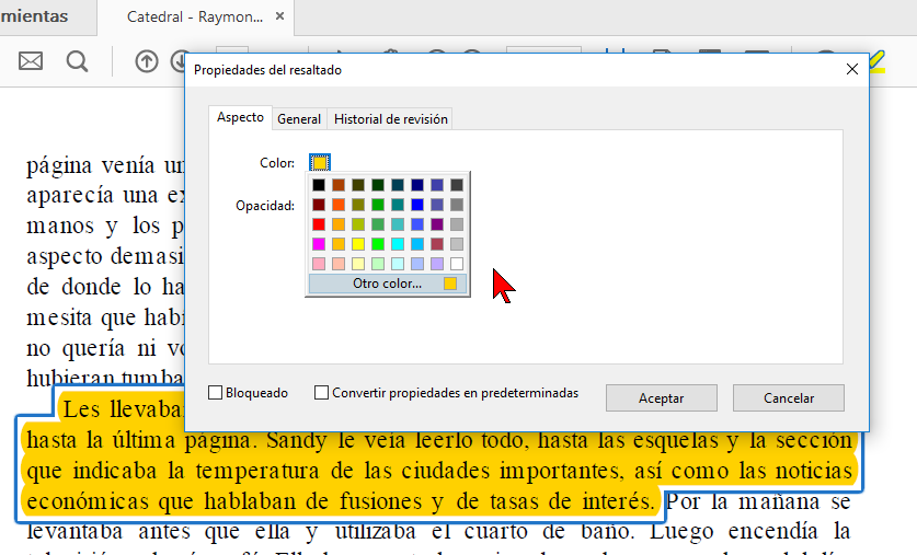 Tabla de colores en cómo resaltar el texto de un archivo PDF