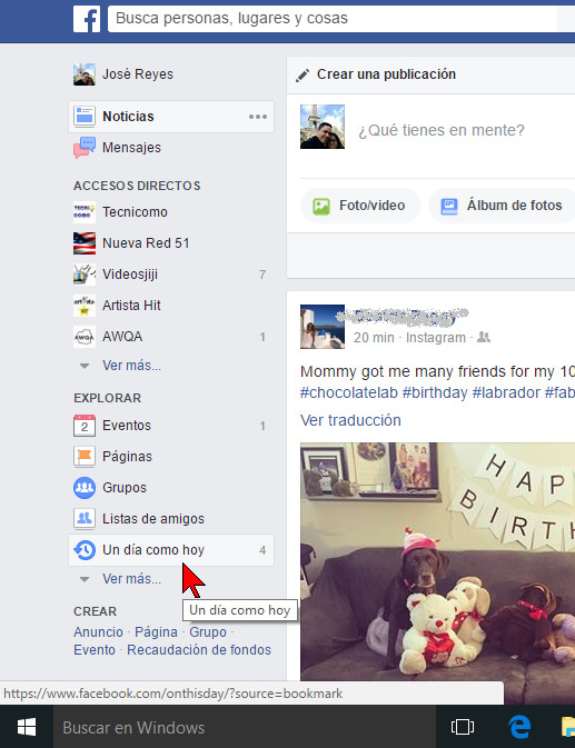 Menú a mano izquierda en cómo usar "Un día como hoy" de Facebook para borrar tu pasado
