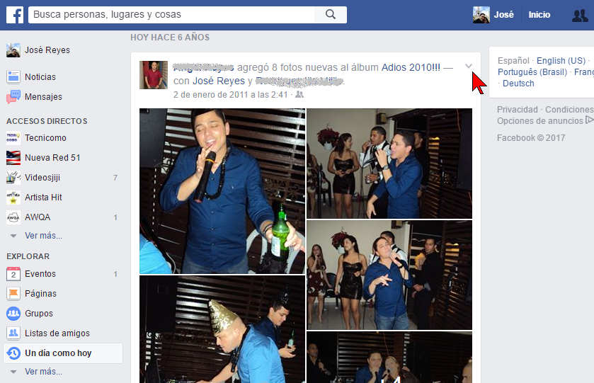 Flechita para mostrar menú contextual en cómo usar "Un día como hoy" de Facebook para borrar tu pasado