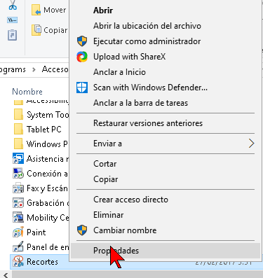 Clic derecho a Recortes y seleccionando Propiedades