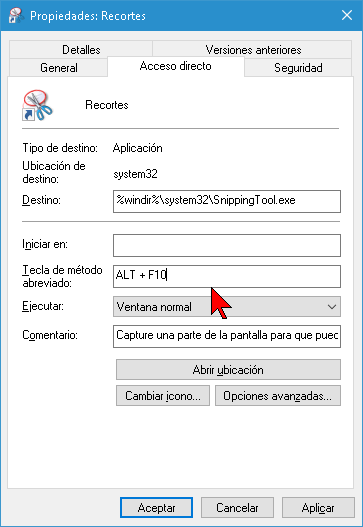 Entrando la Tecla de método abreviado para el programa Recortes