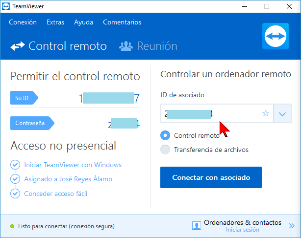 Entrando el ID de asociado en cómo conectarse a una PC para control remoto con TeamViewer