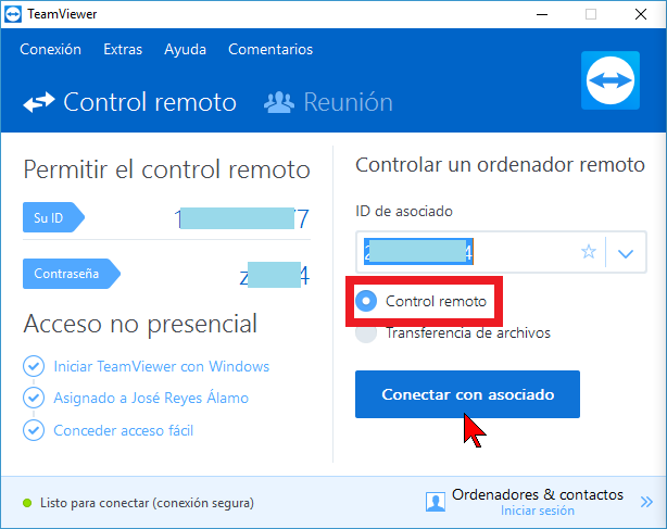 Botón Conectar con asociado en cómo conectarse a una PC para control remoto con TeamViewer