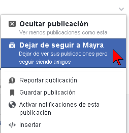 Opción Dejar de seguir a desde una publicación en cómo dejar de seguir a alguien en Facebook