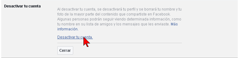 Enlace Desactivar tu cuenta de Facebook