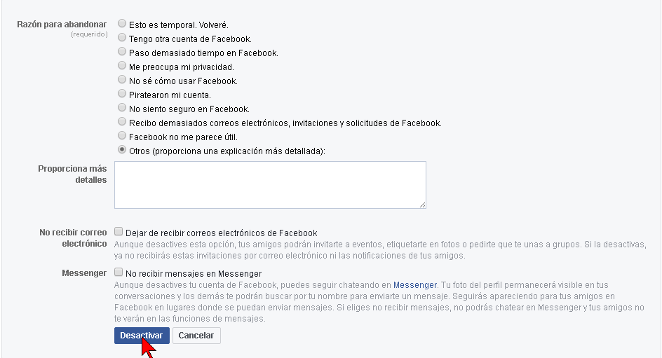 Indicando la razón para desactivar una cuenta de Facebook