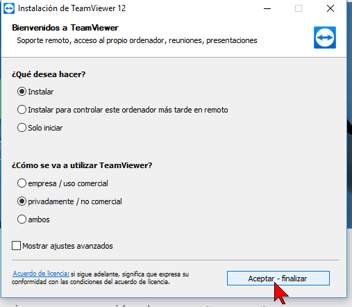 Pantalla principal de la instalación en cómo descargar e instalar TeamViewer en español