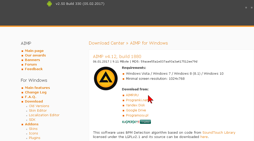 Diferentes enlaces para la descarga de AIMP