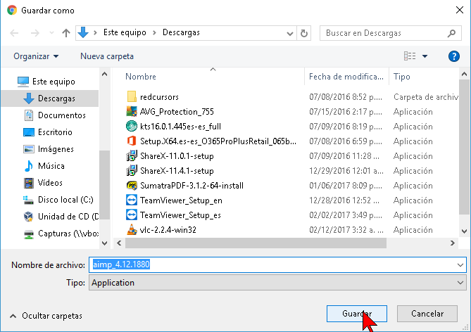 Carpeta para guardar el archivo descargado del reproductor AIMP