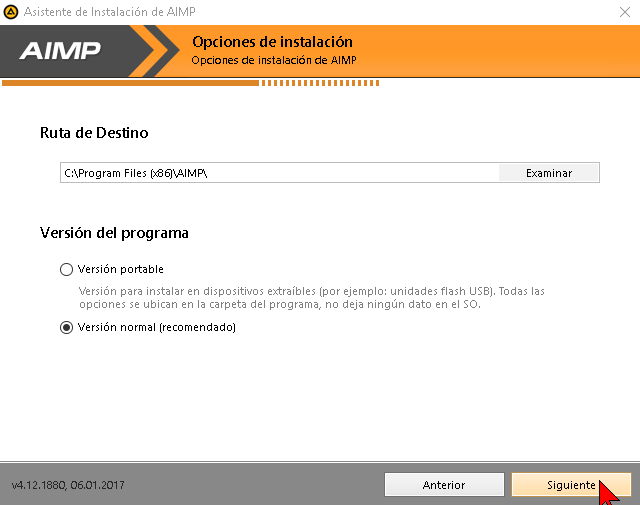 Ruta de destino y parámetros finales de la instalación de AIMP