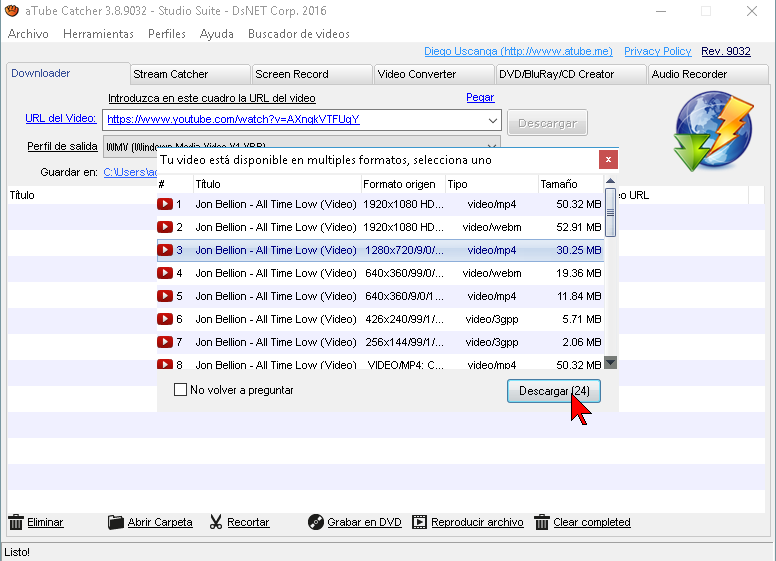 Botón Descargar para escoger el Formato automáticamente con aTube Catcher