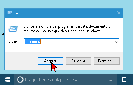 msconfig desde el comando Ejecutar en Windows 10