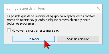Botón para reiniciar luego del cambio a la configuración del sistema en modo seguro