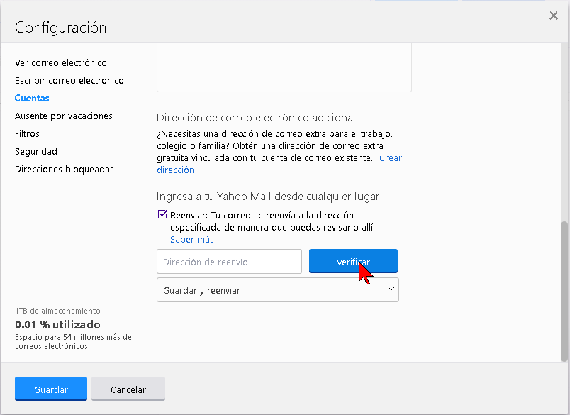 Casilla Reenviar y botón Verificar de Yahoo Mail