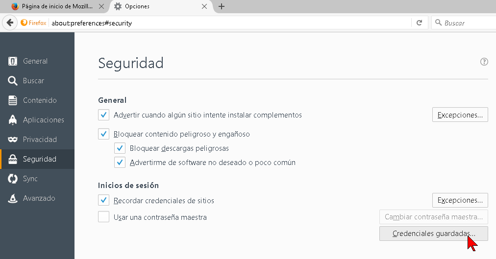 Ventana con las opciones de Seguridad de Firefox
