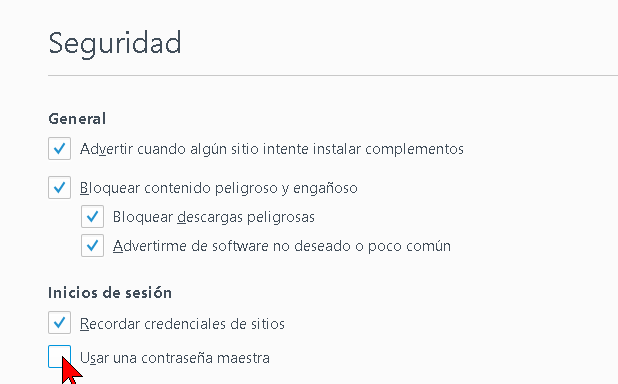 Casilla Usar una contraseña maestra en Firefox