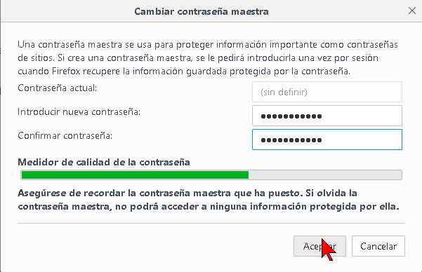 Ventana Cambiar contraseña maestra de Firefox