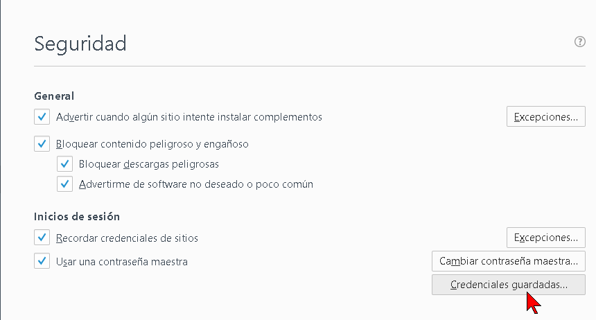 Botón Credenciales guardadas de Firefox