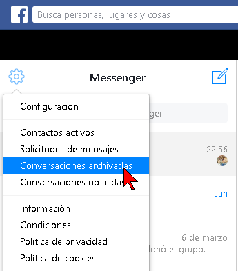 Opción Conversaciones archivadas en cómo ver los mensajes eliminados de Facebook