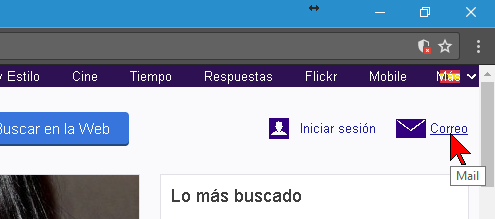 Opción Correo desde la página principal de Yahoo en español