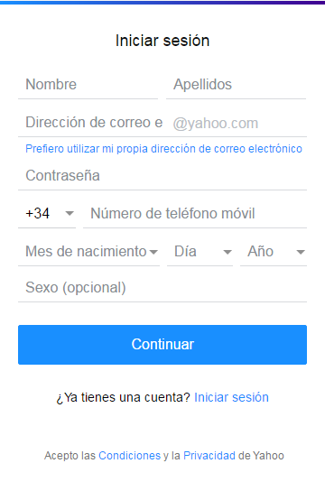 Entrando los datos personales para crear la cuenta de correo de Yahoo
