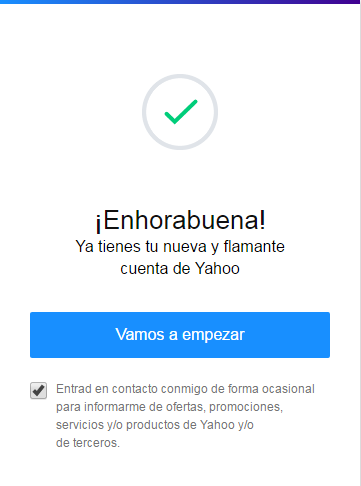 Mensaje de bienvenida después de crear tu cuenta de correos de Yahoo