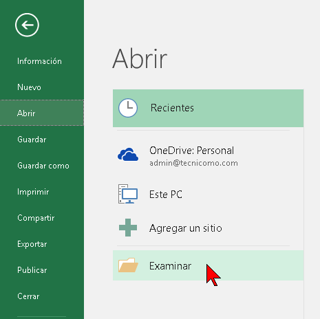 Opción Examinar de Excel 2016 en cómo abrir y reparar un archivo de Excel 2016