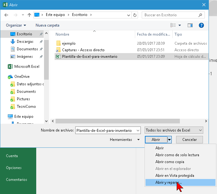 Opción Abrir y reparar en cómo abrir y reparar un archivo de Excel 2016