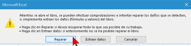 Ventana emergente con el botón Reparar para archivos de Excel
