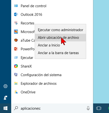Clic derecho a Recortes y seleccionando la opción Abrir la ubicación del archivo