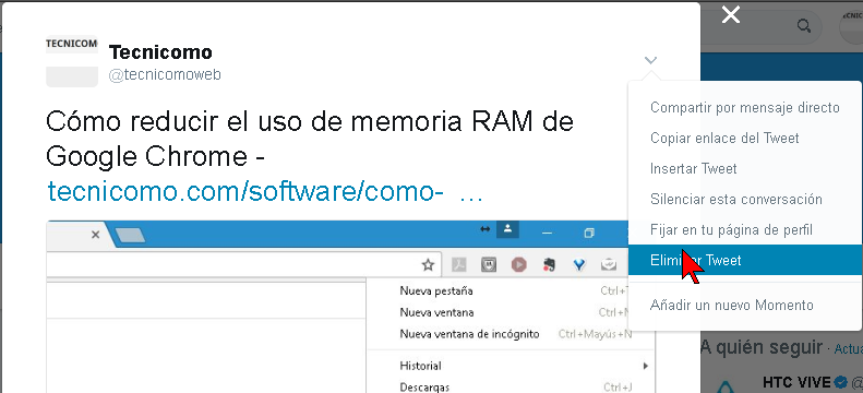 Menú contextual de un tuit con la opción Eliminar un Tweet