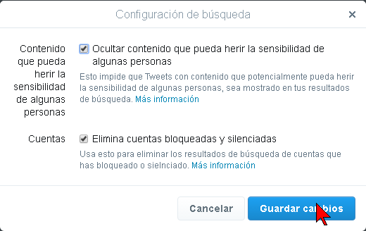 Página con las opciones de Configuración de búsqueda de Twitter